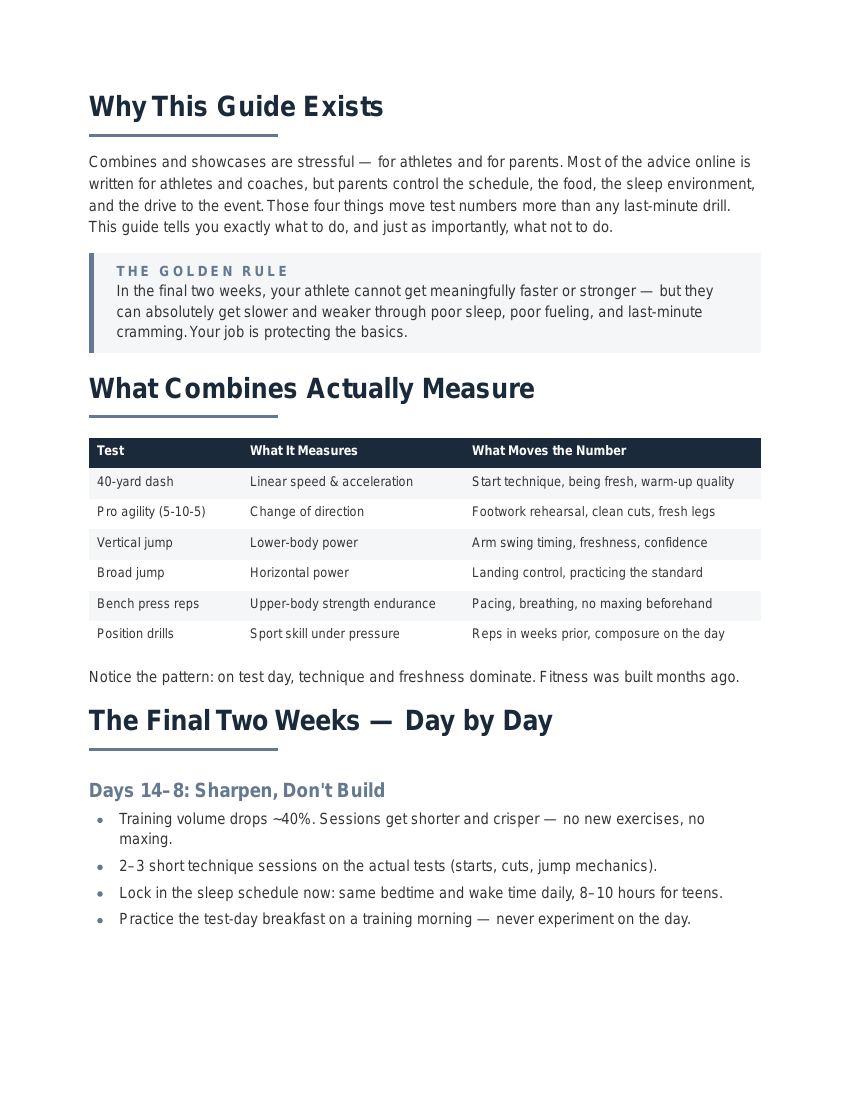 The Combine Prep Parent's Guide — sample page: What each combine test actually measures — and what moves the number