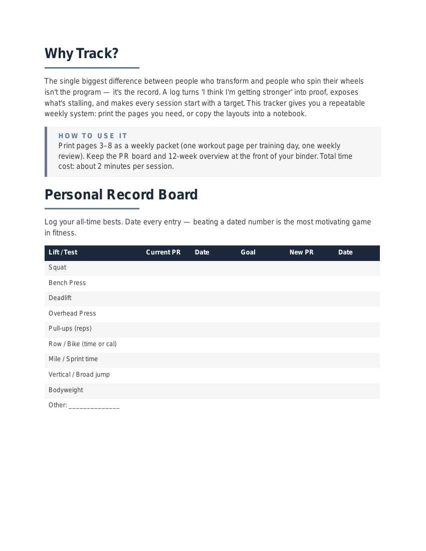 The Training Log & Progress Tracker — sample page: The personal record board — date every entry