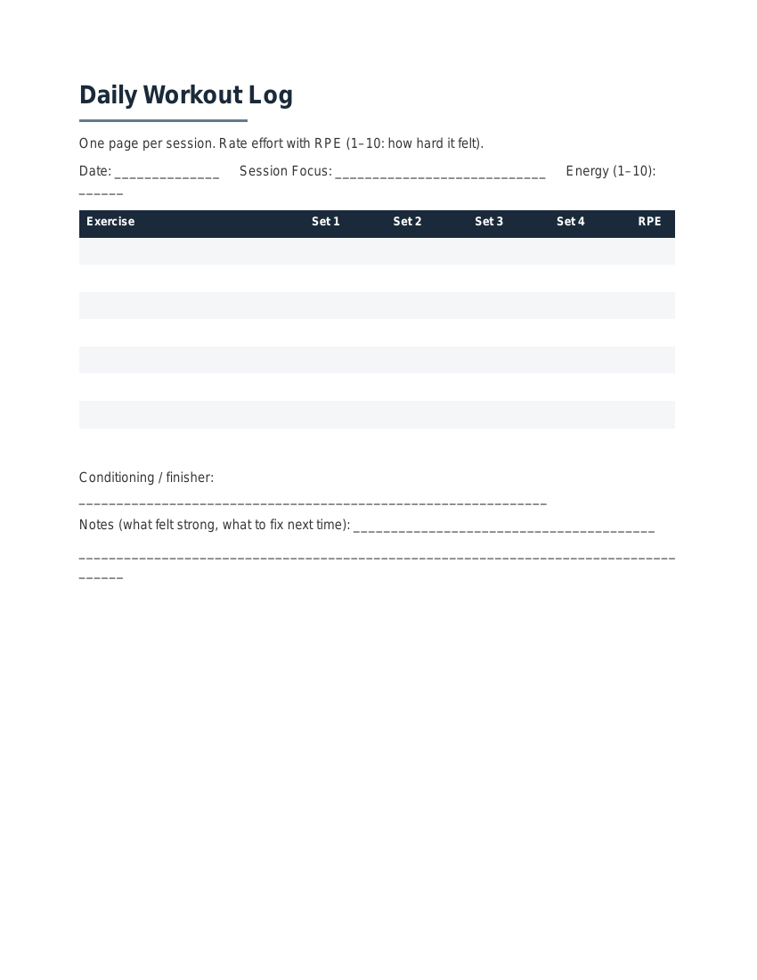 The Training Log & Progress Tracker — sample page: Daily workout log with RPE tracking